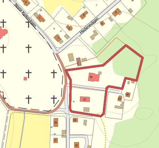Gränsdragning på karta runt Allégården och församlingshemmet